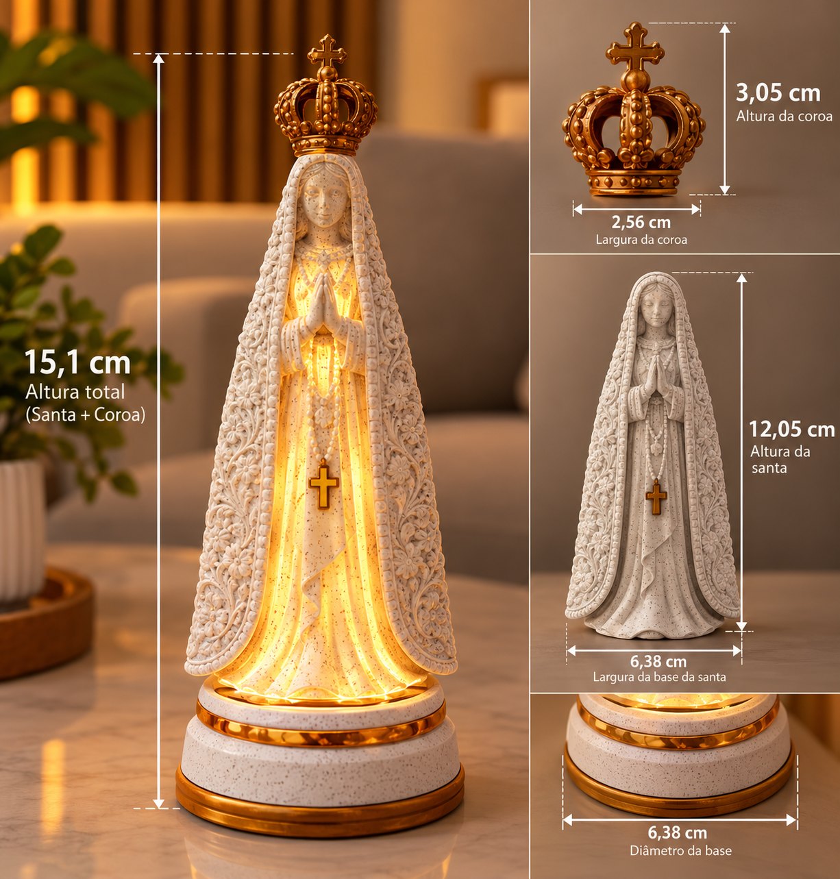 Medidas da Nossa Senhora Aparecida: 15,1 cm de altura total, coroa de 3,05 cm e base de 6,38 cm de diâmetro